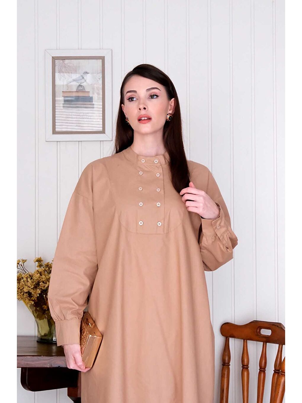 Bej Karamel Uzun Düğme Detaylı Tunik-4