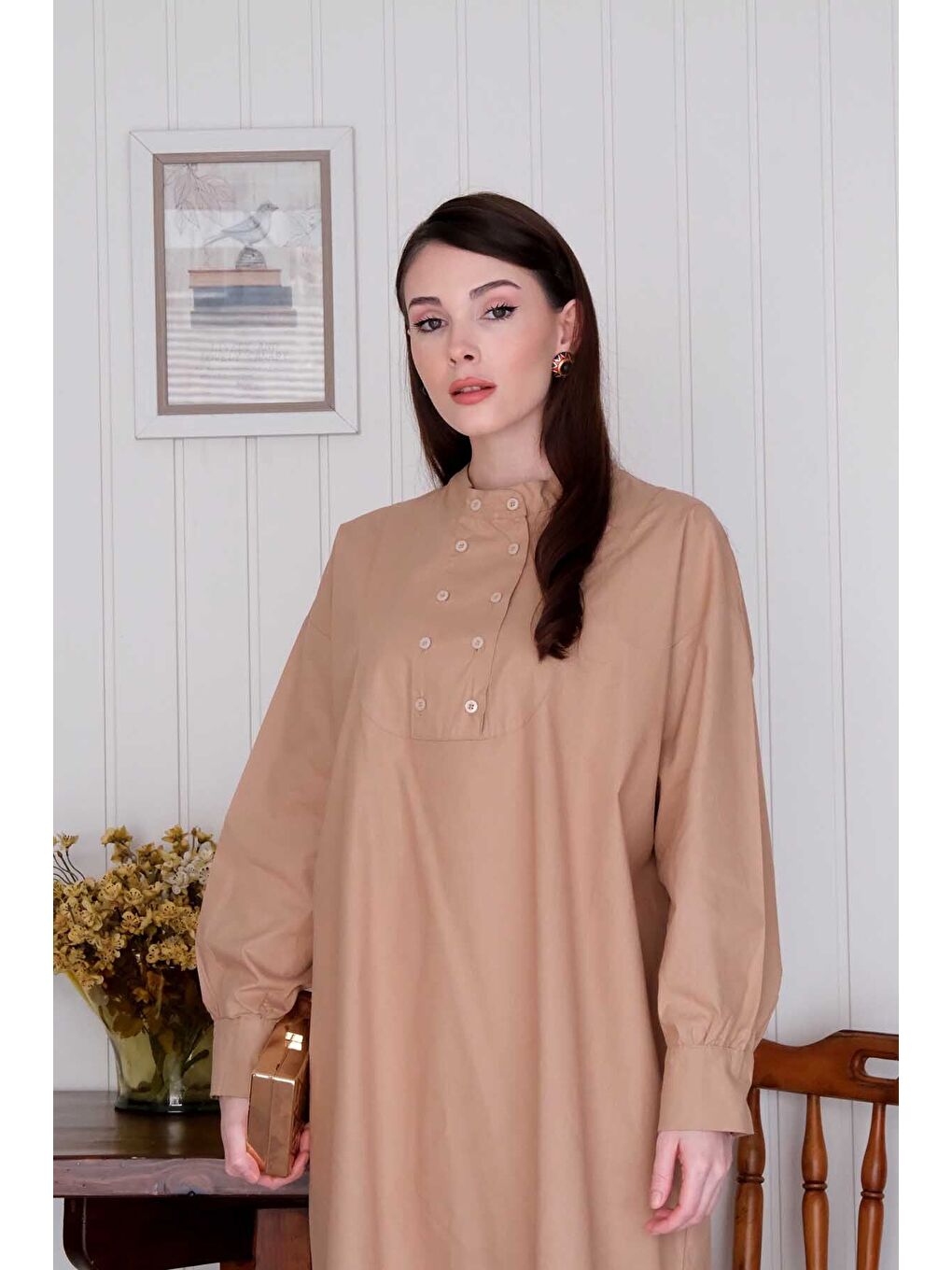 Bej Karamel Uzun Düğme Detaylı Tunik-5