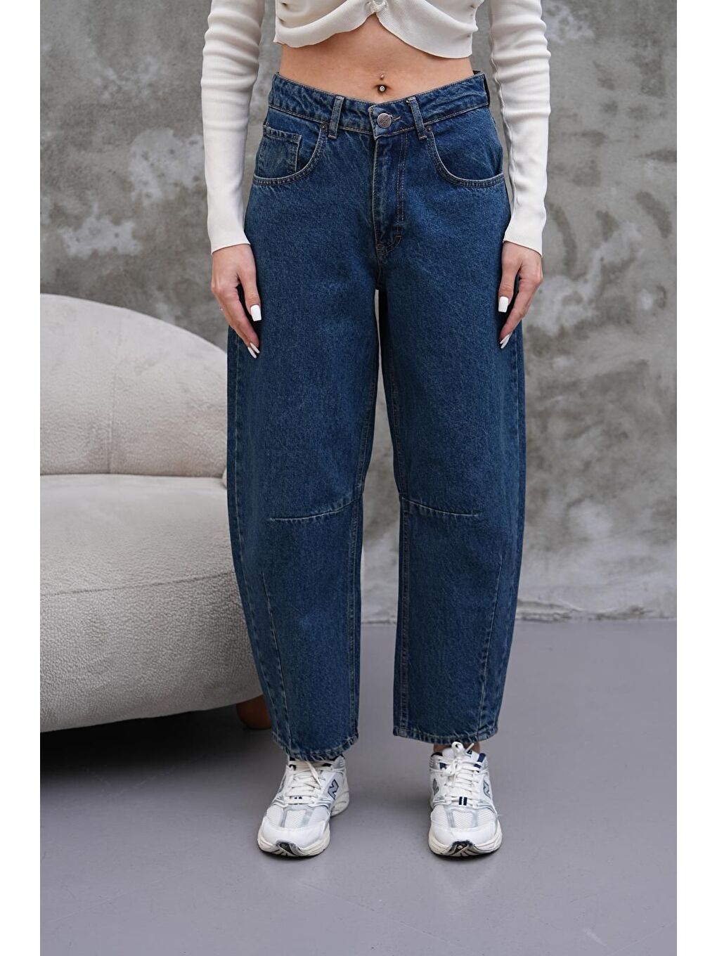 Mom Jean Yüksek Bel Bol Kesim Paça Pileli Esnek Jean Pantolon Lacivert