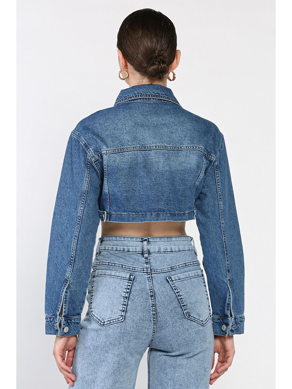Lacivert Kadın Crop Top Jean Jean Ceket-2
