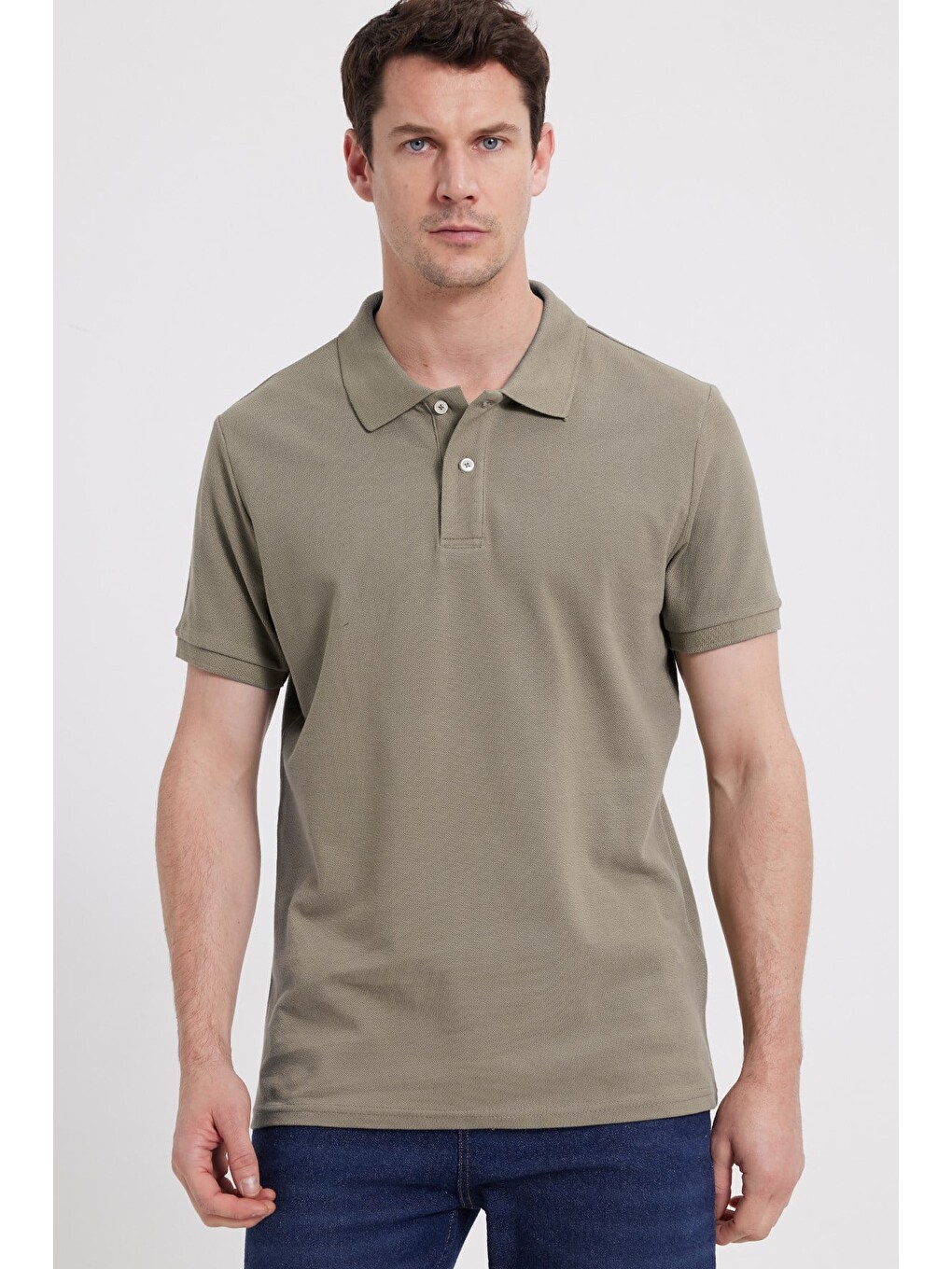 Bej Erkek Slim Fit Dar Kesim %100 Pamuk Kısa Kollu Polo Yaka Vizon Tişört