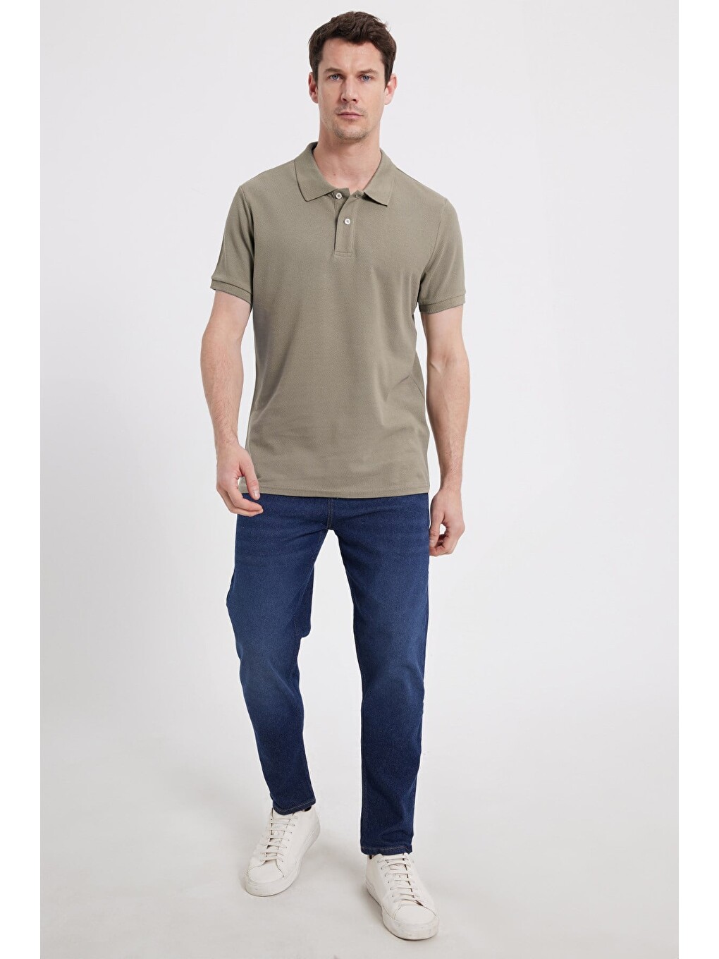 Bej Erkek Slim Fit Dar Kesim %100 Pamuk Kısa Kollu Polo Yaka Vizon Tişört-1