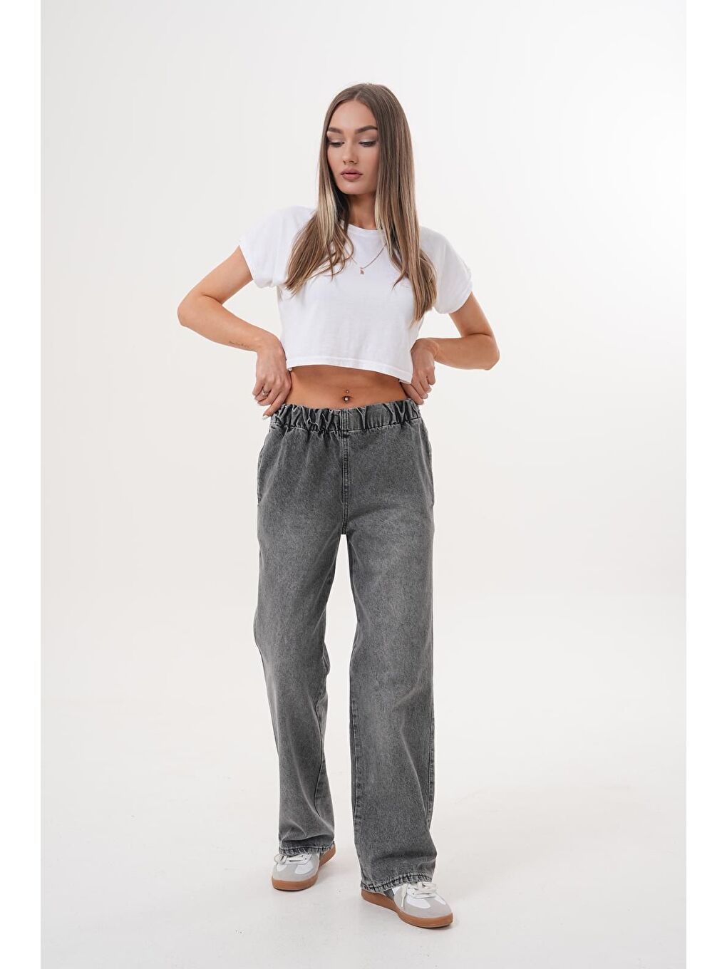 Kadın Salaş Paça Yüksek Lastikli Bel Jean Pantolon Antrasit-1