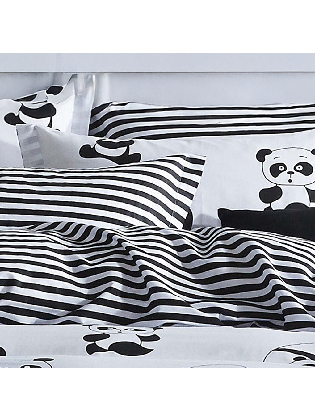 UPSTYLE Siyah Kolay Ütülenir Nevresim Takımı Çift Kişilik B&W Panda - 1