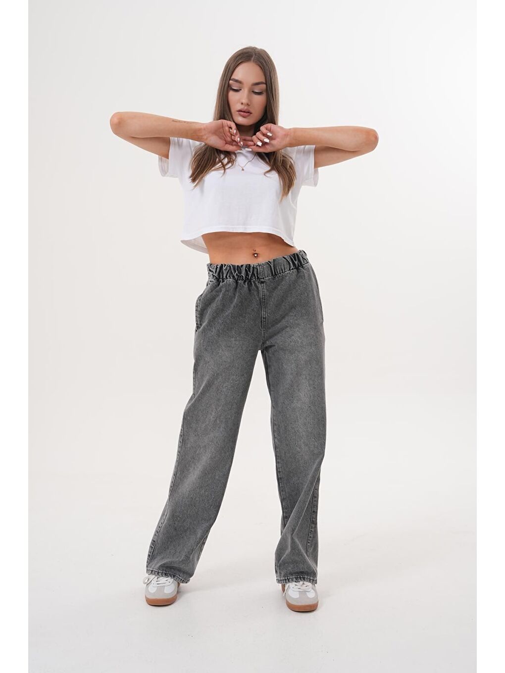 Kadın Salaş Paça Yüksek Lastikli Bel Jean Pantolon Antrasit-2