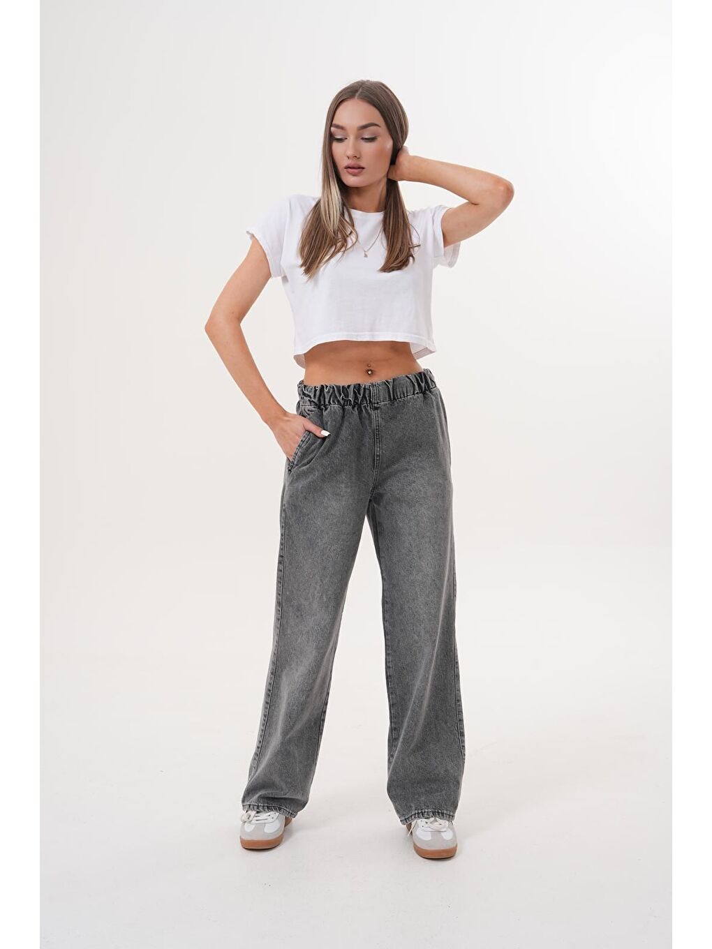 Kadın Salaş Paça Yüksek Lastikli Bel Jean Pantolon Antrasit-3