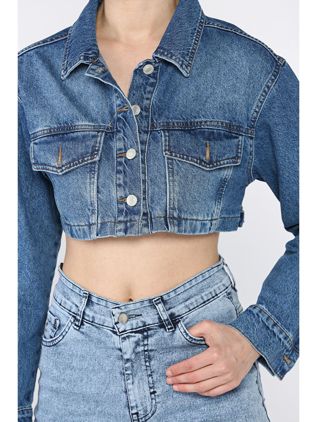 Lacivert Kadın Crop Top Jean Jean Ceket-3