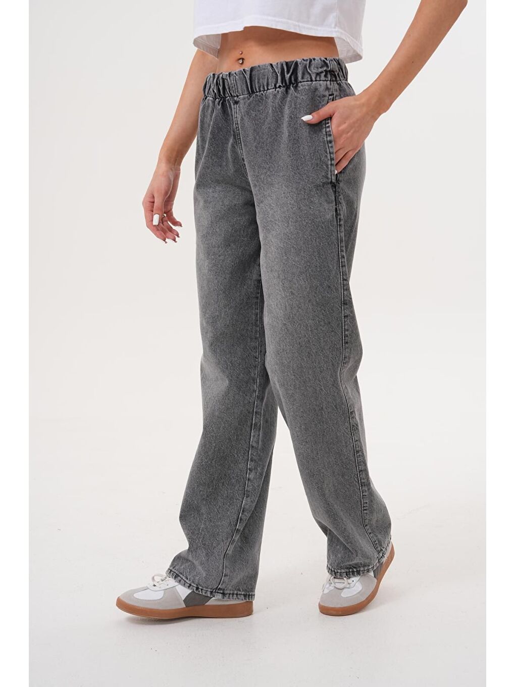 Kadın Salaş Paça Yüksek Lastikli Bel Jean Pantolon Antrasit-5