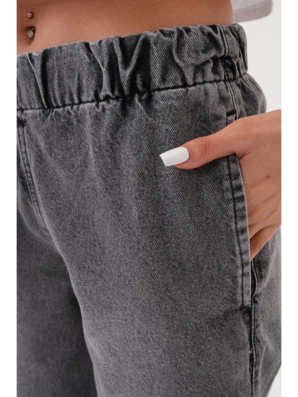 Kadın Salaş Paça Yüksek Lastikli Bel Jean Pantolon Antrasit-6