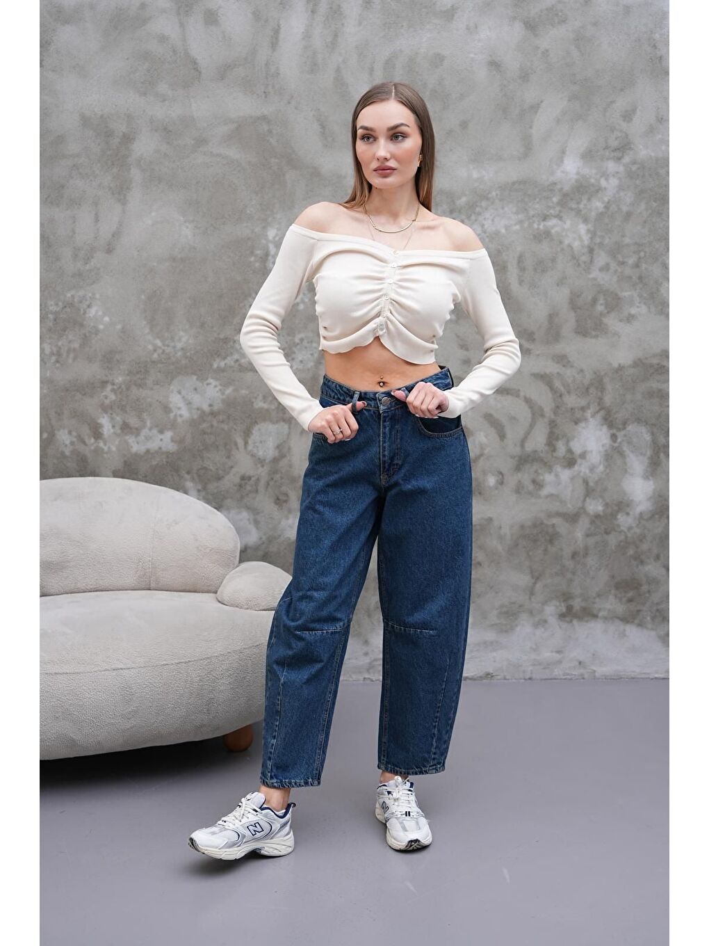 Mom Jean Yüksek Bel Bol Kesim Paça Pileli Esnek Jean Pantolon Lacivert-2