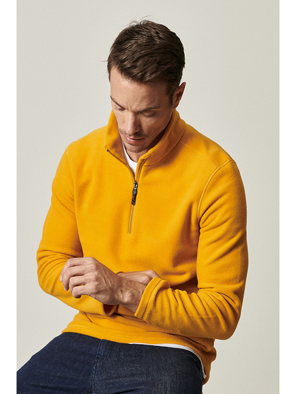 Erkek Sarı Anti-Pilling Tüylenme Yapmayan Standart Fit Dik Yaka Polar Sweatshirt-1