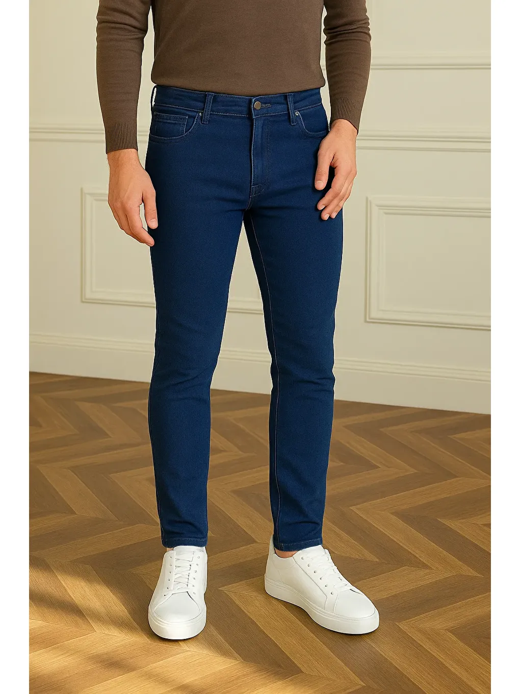 Erkek Basic Pamuklu Dar Lacivert Jeans Pantolon-1