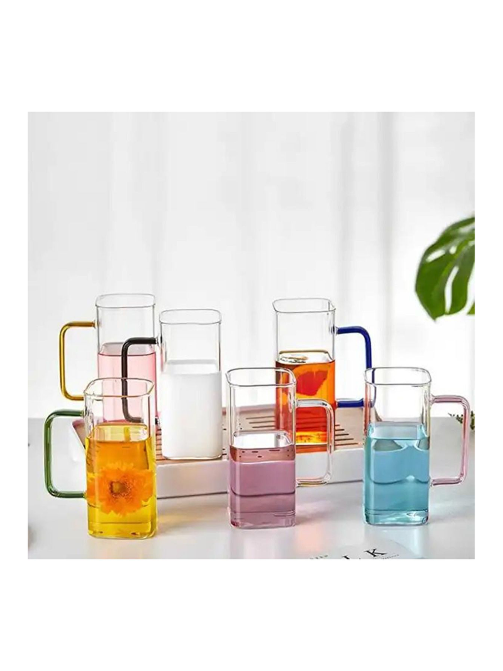 Renksiz Kare Cam Mavi Kulplu Su Bardağı 350 ml 3 Adet-4