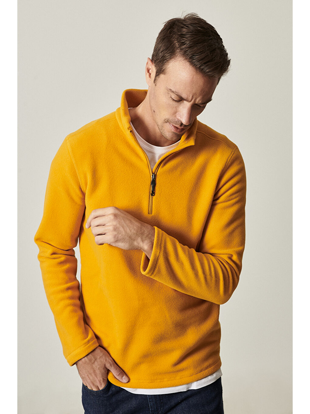 Erkek Sarı Anti-Pilling Tüylenme Yapmayan Standart Fit Dik Yaka Polar Sweatshirt-2