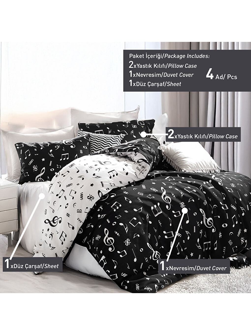 Siyah Kolay Ütülenir Nevresim Takımı Çift Kişilik B&W Melodiy-3