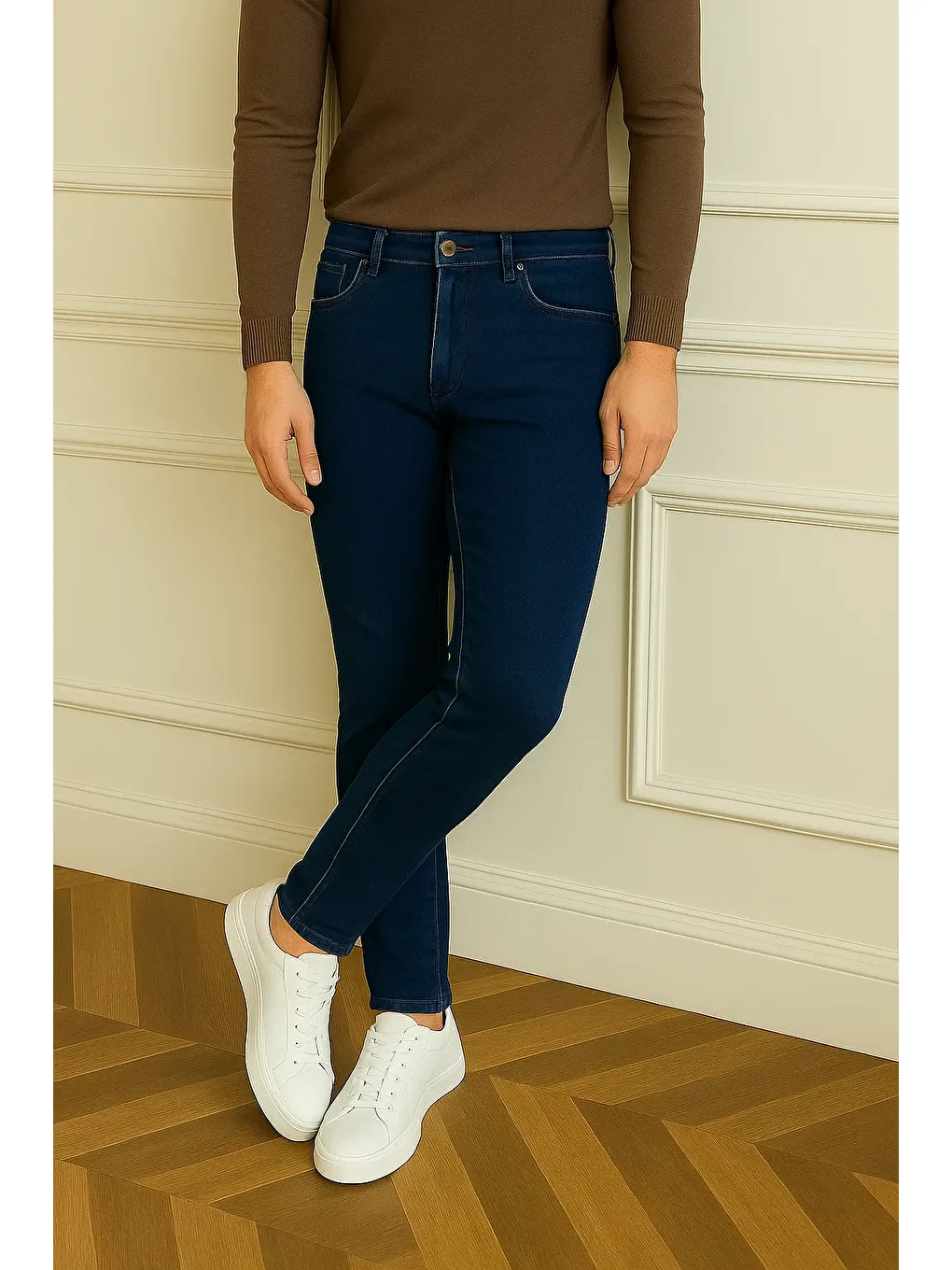 Erkek Basic Pamuklu Dar Lacivert Jeans Pantolon-3