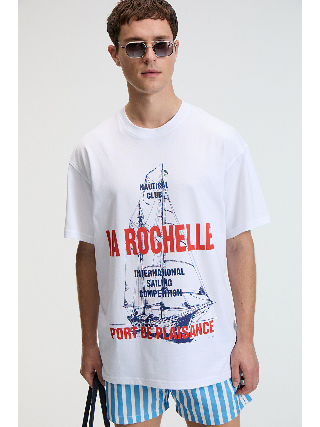 Crunch Erkek Oversize %100 Pamuk Baskılı Yuvarlak Yaka Beyaz T-shirt