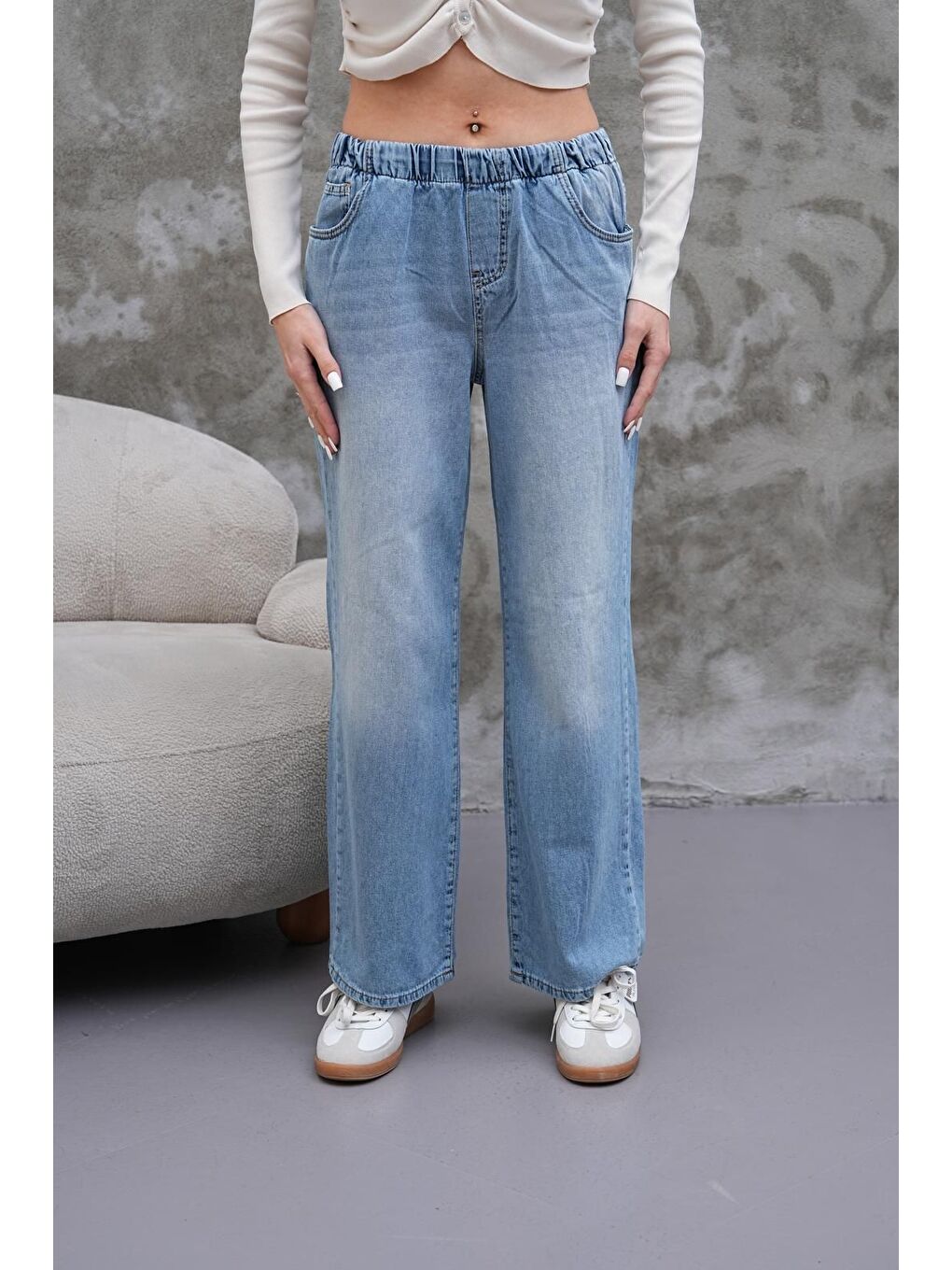 Kadın Salaş Paça Yüksek Lastikli Bel Jean Pantolon Mavi