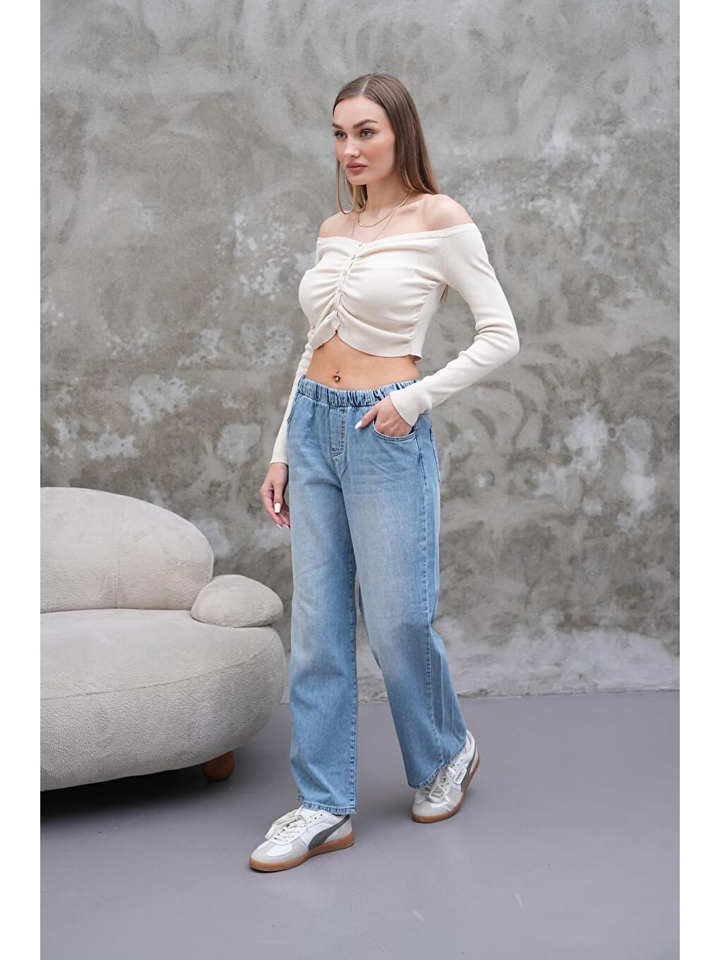 Kadın Salaş Paça Yüksek Lastikli Bel Jean Pantolon Mavi-1