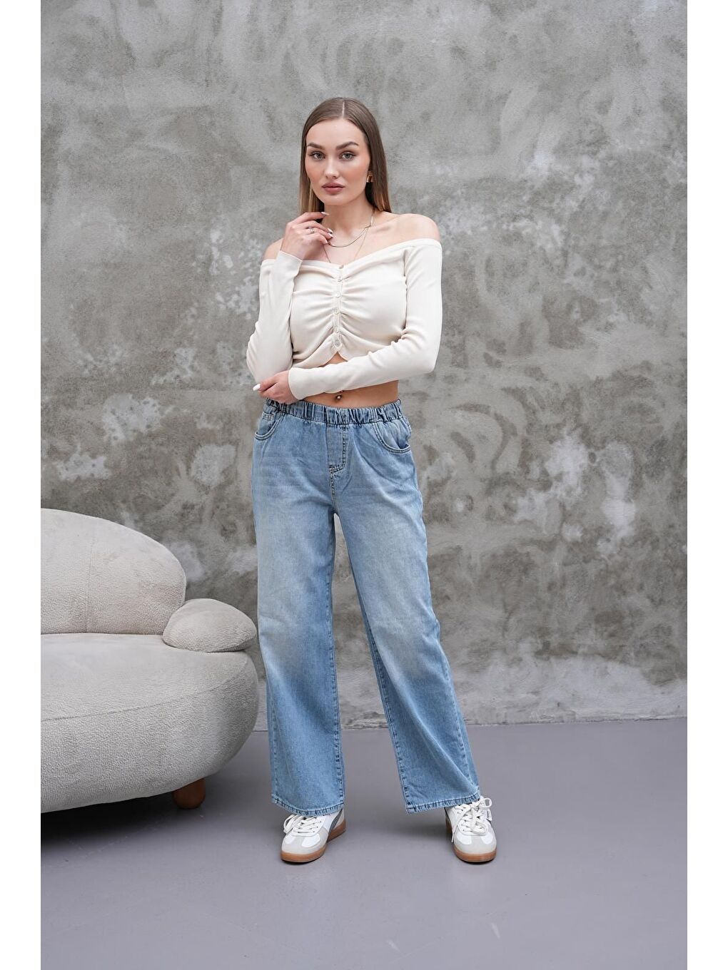 Kadın Salaş Paça Yüksek Lastikli Bel Jean Pantolon Mavi-2
