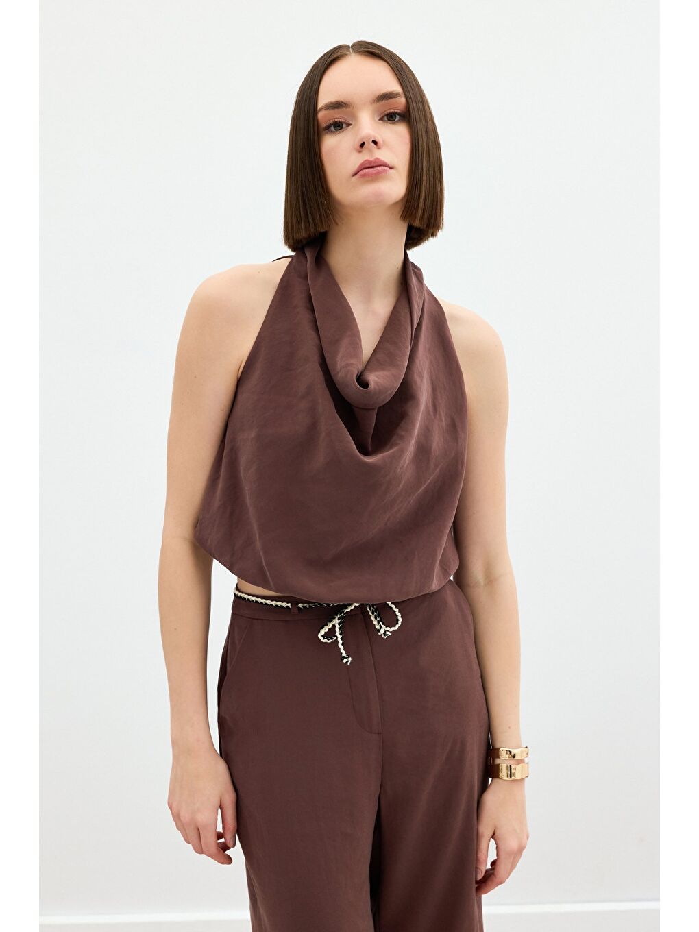 Kahverengi Degaje Yaka Bluz - Kahve-1