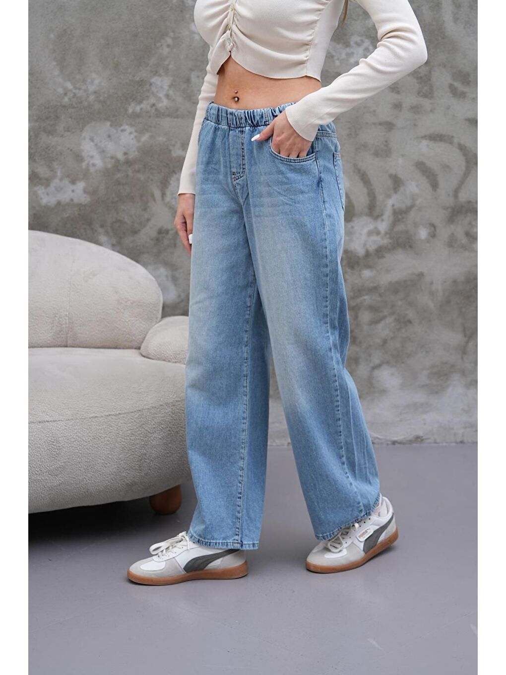 Kadın Salaş Paça Yüksek Lastikli Bel Jean Pantolon Mavi-3