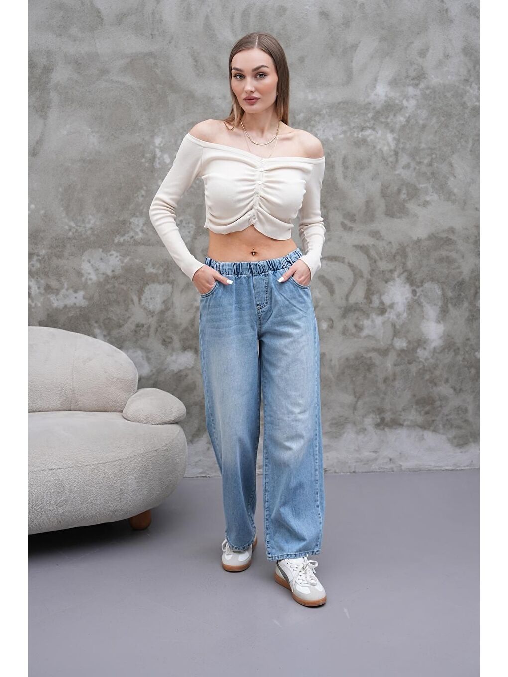 Kadın Salaş Paça Yüksek Lastikli Bel Jean Pantolon Mavi-4
