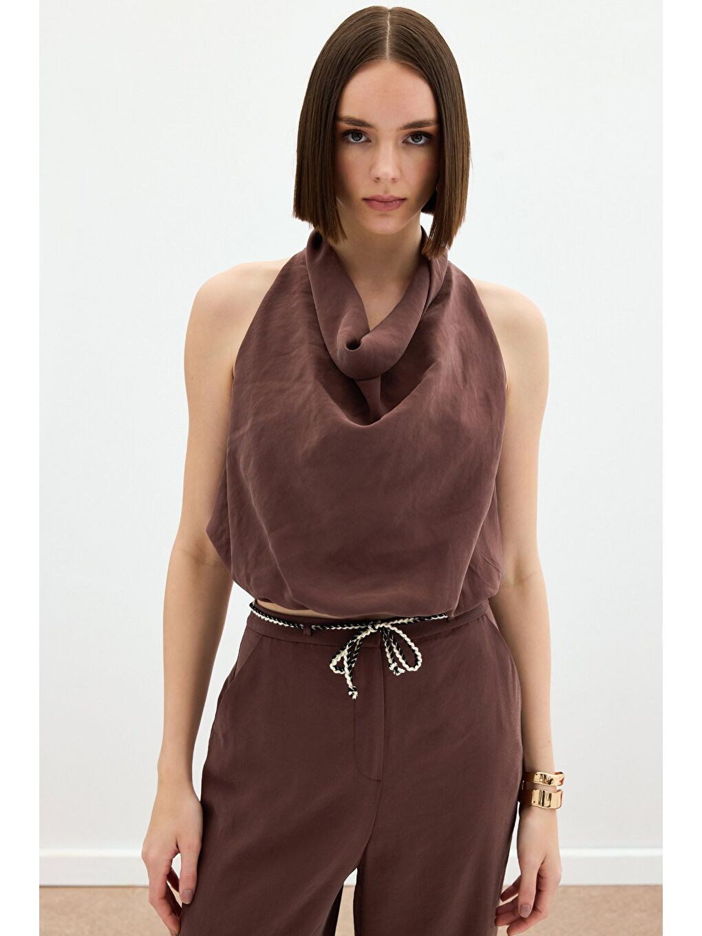 Kahverengi Degaje Yaka Bluz - Kahve-2