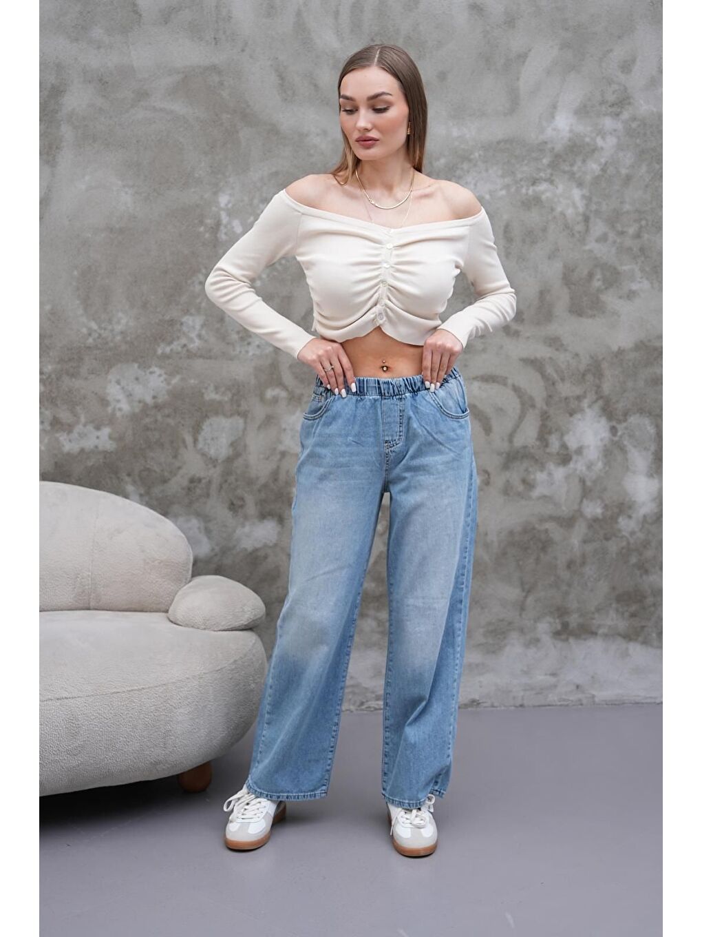 Kadın Salaş Paça Yüksek Lastikli Bel Jean Pantolon Mavi-5