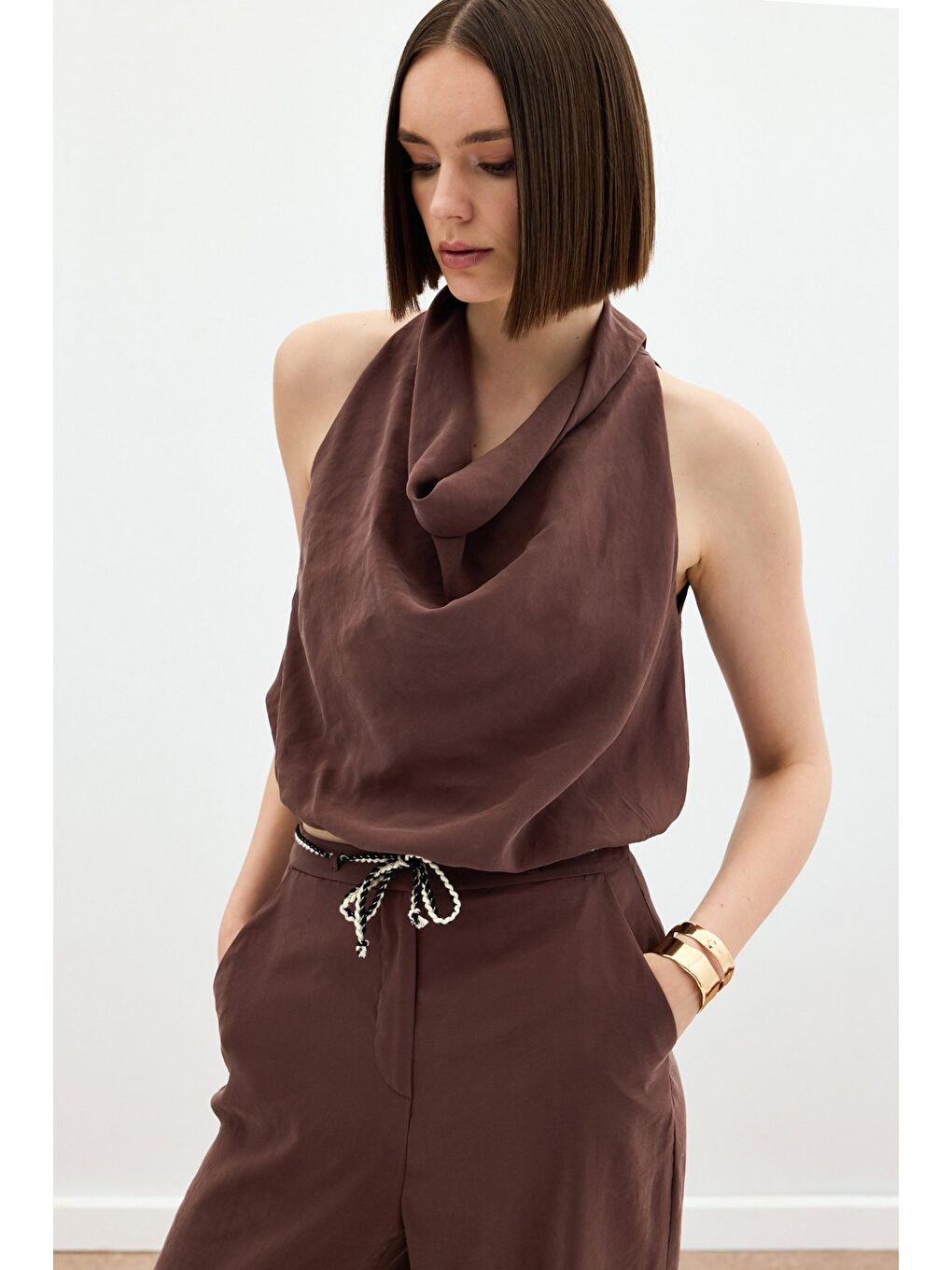 Kahverengi Degaje Yaka Bluz - Kahve-3