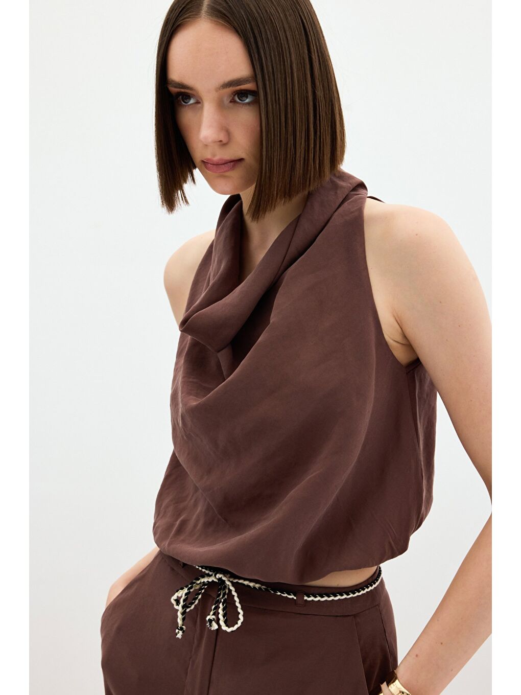 Kahverengi Degaje Yaka Bluz - Kahve-4