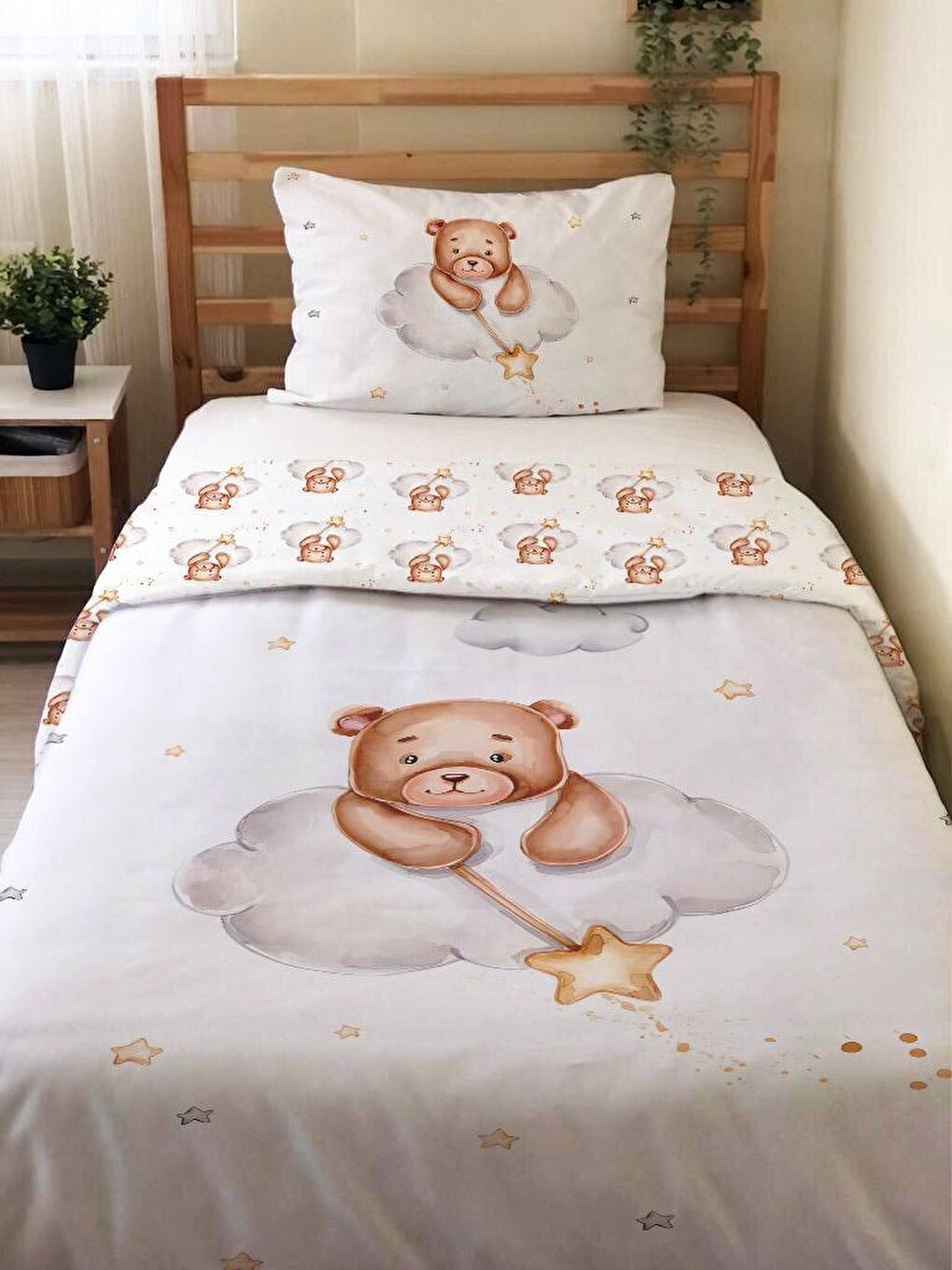 Karışık Çift Taraflı Teddy Bulut Desenli Çarşafsız Takım Tek Kişilik Nevresim Takımı 160x220 Cm