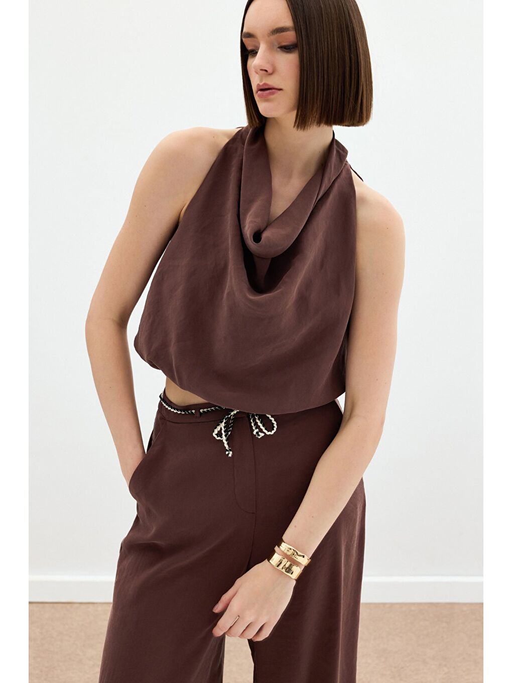 Kahverengi Degaje Yaka Bluz - Kahve-5