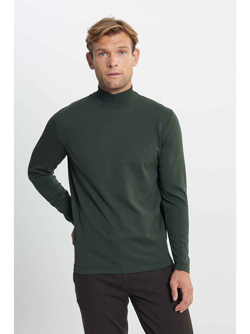 Erkek Haki Standart Fit Normal Kesim Yarım Balıkçı Yaka Triko Kazak-2