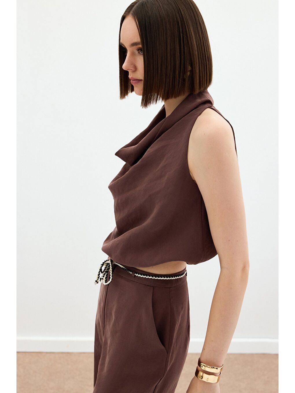 Kahverengi Degaje Yaka Bluz - Kahve-6