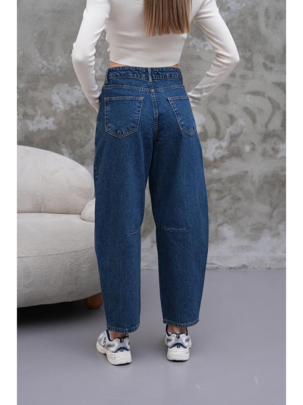 Mom Jean Yüksek Bel Bol Kesim Paça Pileli Esnek Jean Pantolon Lacivert-6