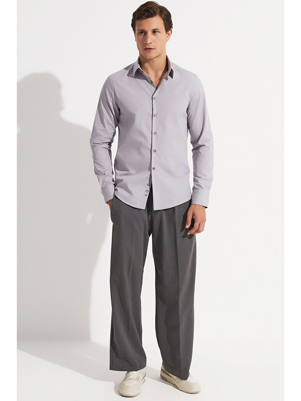 Gri Exclusıve Erkek Slim Fit Uzun Kol Gömlek