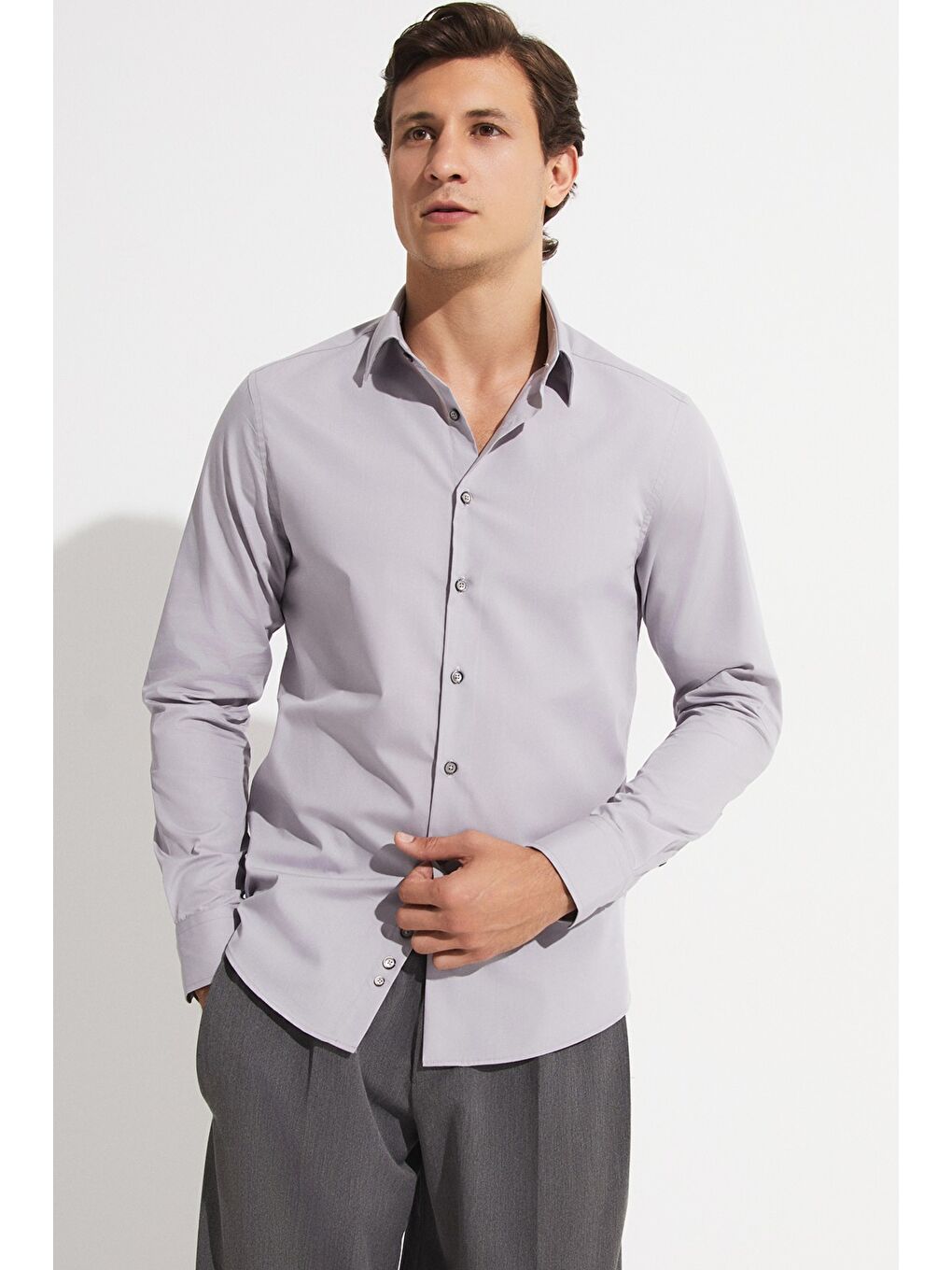 Gri Exclusıve Erkek Slim Fit Uzun Kol Gömlek-1
