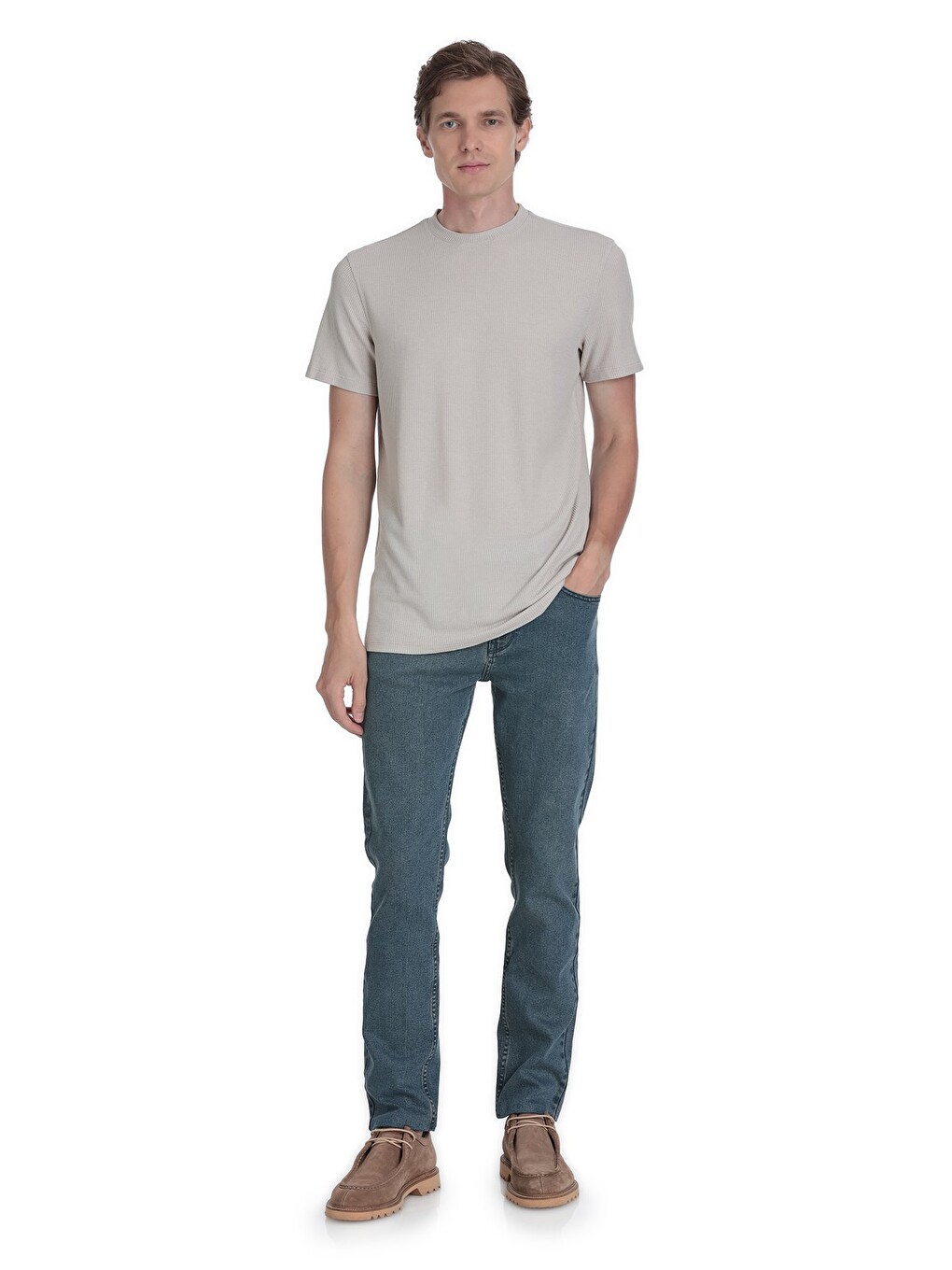 Ekru Regular Fit Bisiklet Yaka Tişört-1