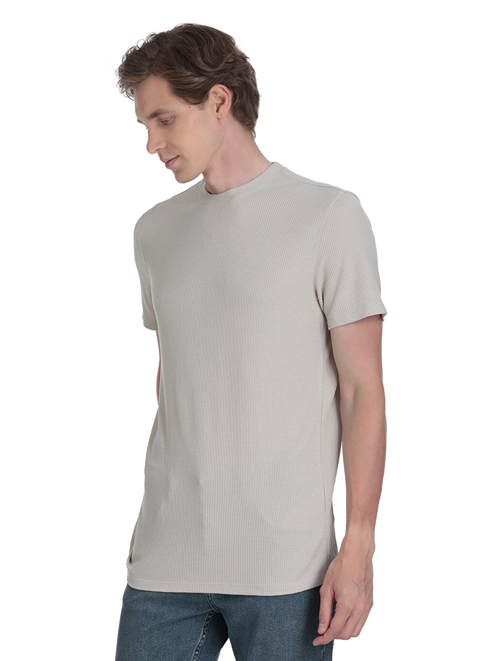 Ekru Regular Fit Bisiklet Yaka Tişört-2