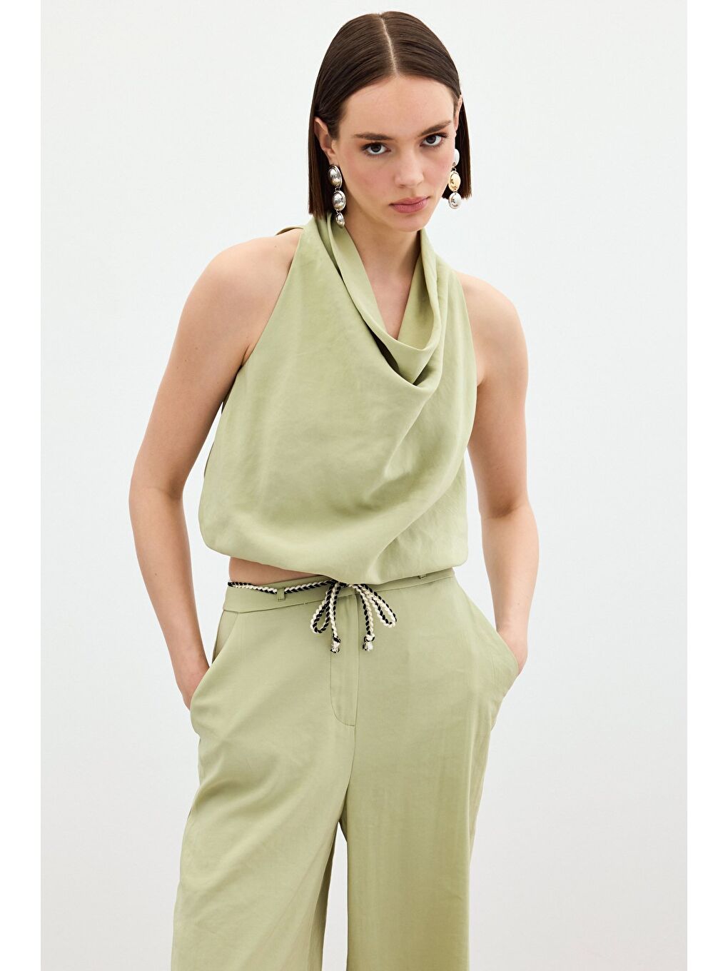 Degaje Yaka Bluz - Yağ Yeşili-1