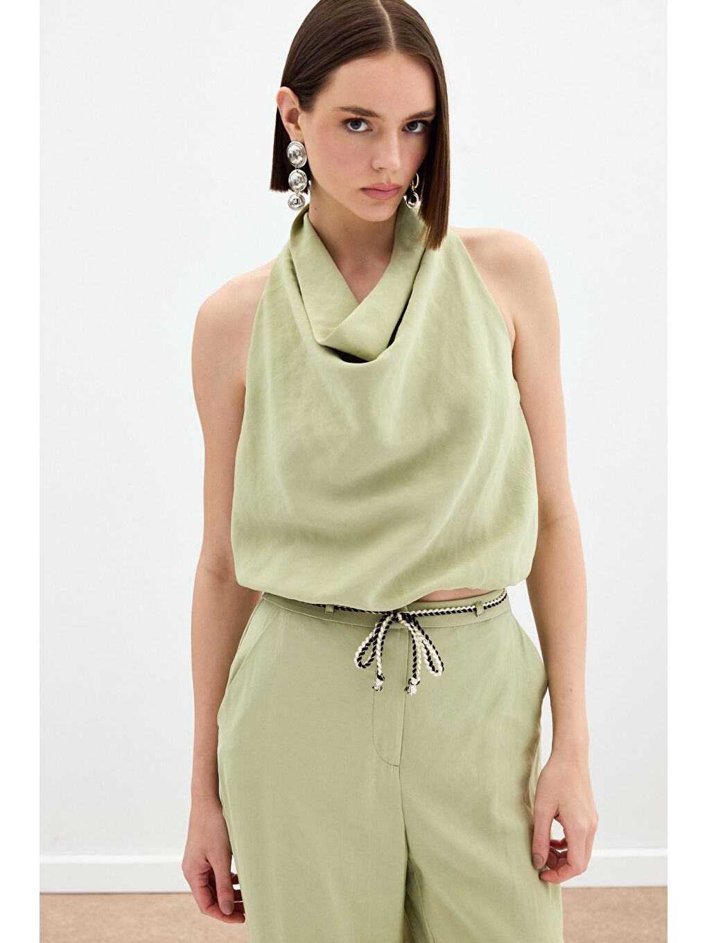 Degaje Yaka Bluz - Yağ Yeşili-2