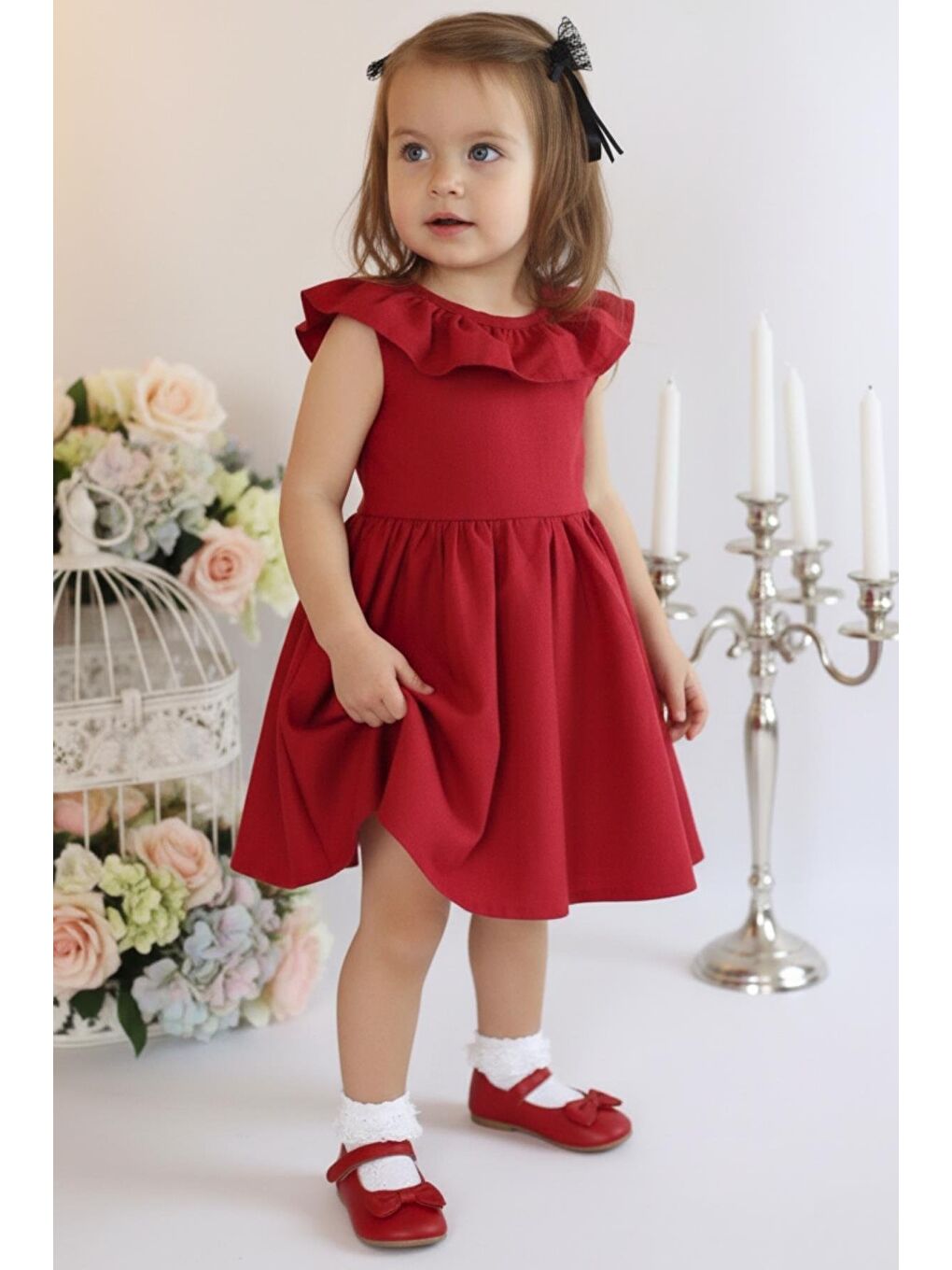 Kız Bebek Bordo Cherry Fiyonklu Fırfırlı Elbise Toka Takım