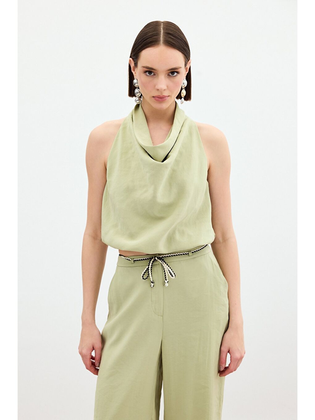 Degaje Yaka Bluz - Yağ Yeşili-3