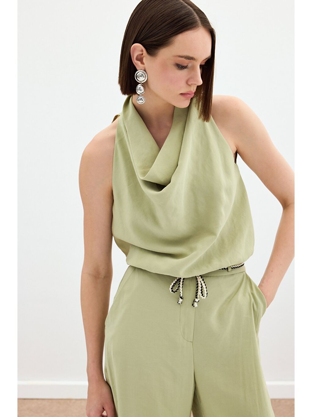 Degaje Yaka Bluz - Yağ Yeşili-4