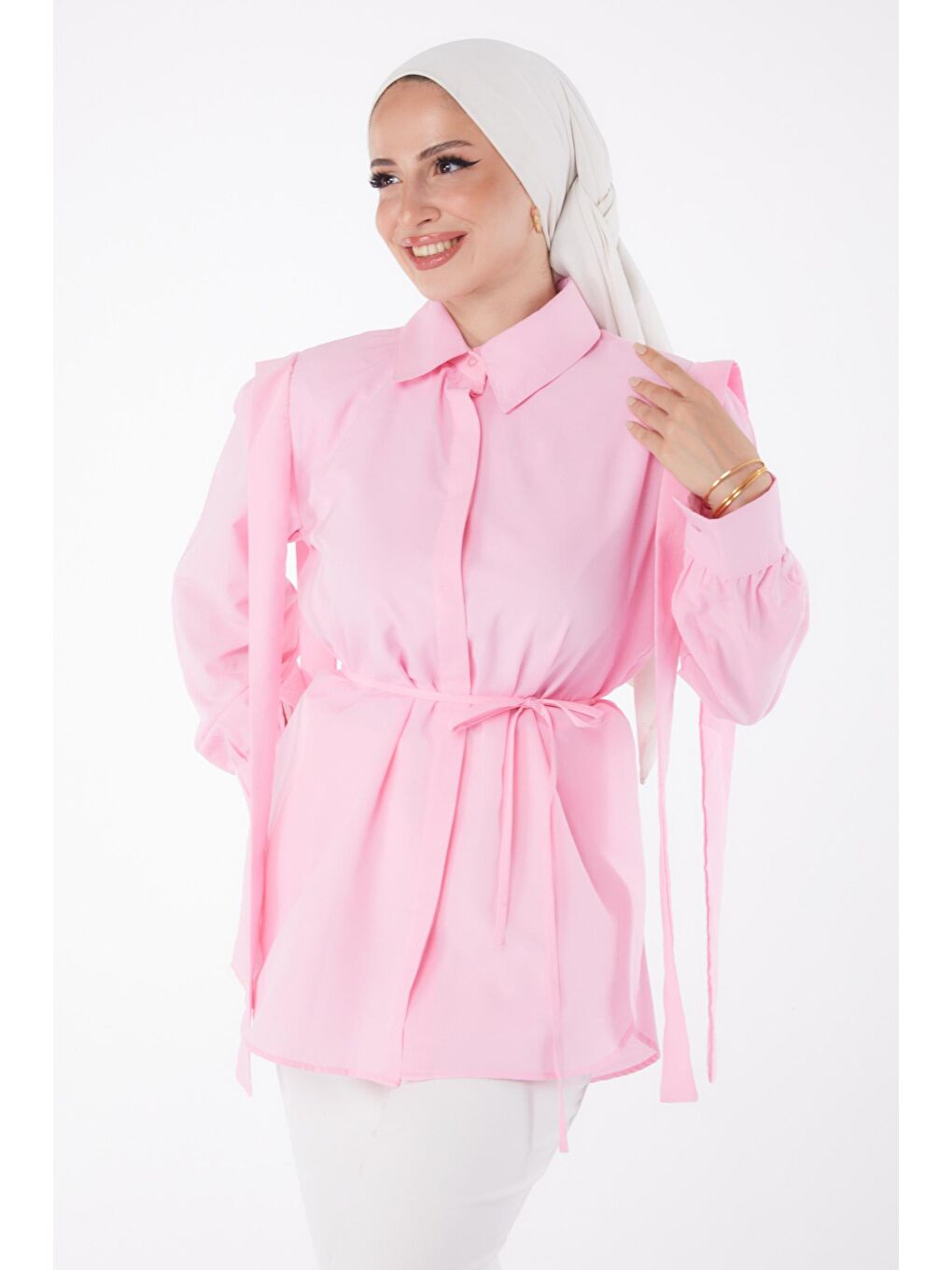 TOFİSA Pembe Düz Gömlek Yaka Kadın Pembe Bağcıklı Tunik - 25552