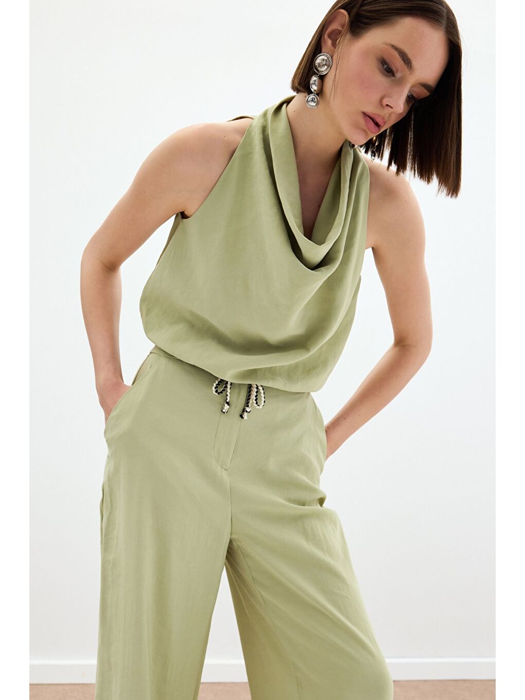 Degaje Yaka Bluz - Yağ Yeşili-5