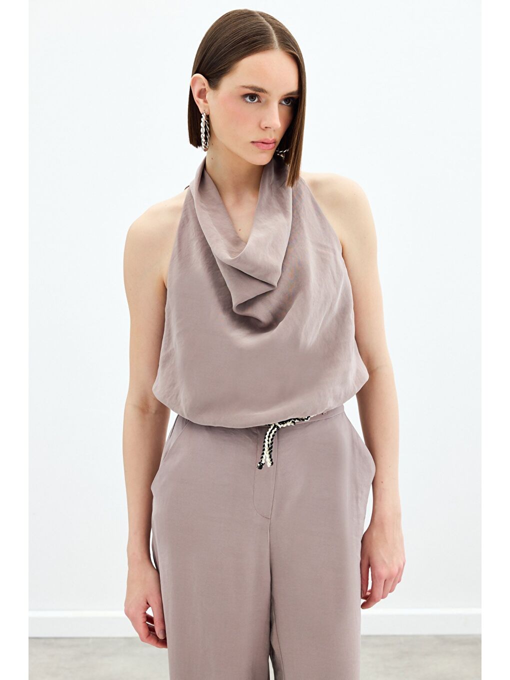 Bej Degaje Yaka Bluz - Vizon-1