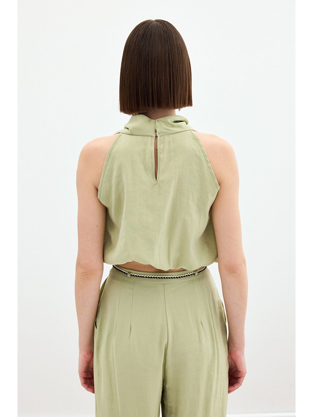 Degaje Yaka Bluz - Yağ Yeşili-7