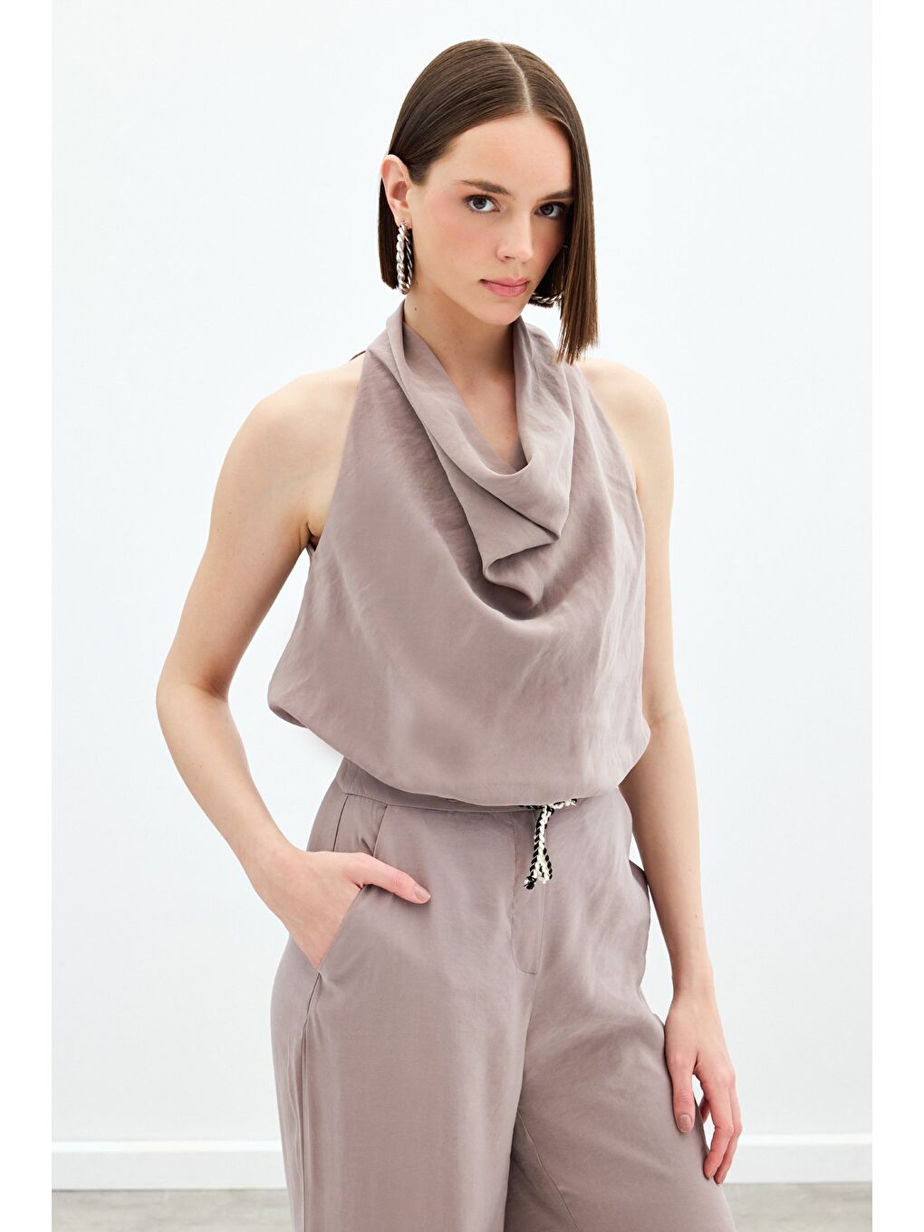 Bej Degaje Yaka Bluz - Vizon-2